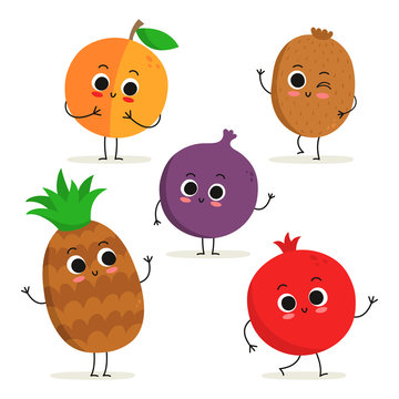 Set of 5 cute cartoon fruit characters isolated on white