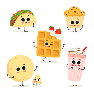 Set of 6 cute cartoon fast food snack characters isolated on white