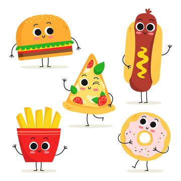 Set of 5 cute cartoon fast food characters isolated on white