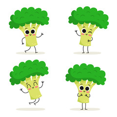 Broccoli. Cute vegetable vector character set isolated on white