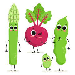 Set of 3 cute cartoon vegetable characters isolated on white: asparagus, beet and beans