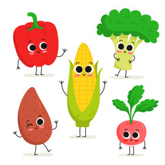 Set of 5 cute cartoon vegetable characters isolated on white: bell pepper, sweet potato, corn, broccoli, radish