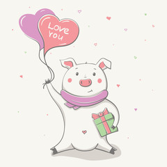Lovely cute cheerful piggy with balloon heart and present. Valentine card