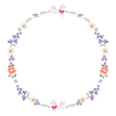 Round frame with funny unicorns, little birds, flowers and leaves isolated on white background. Greeting or invitation card.