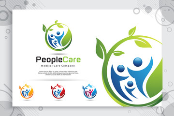 creative leaf people vector logo design with modern crowd concept, symbol illustration people with leaf for family consultation.