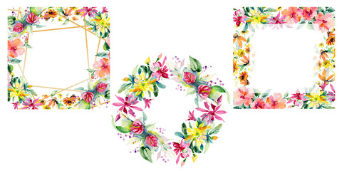 Red, yellow and orange flower bouquets. Watercolor background illustration set. Frame border ornament square.