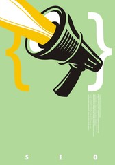 Search Engine Optimization marketing concept with megaphone and code symbols. Seo web banner poster for internet marketing. 