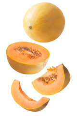 Falling fresh sliced melon isolated on white