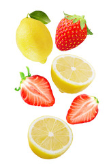 Naklejka na ściany i meble Falling lemon and strawberry isolated on white