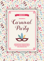 Carnaval Party invitation card with funny decorations. Vector