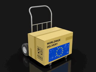 Cardboard Box on Hand Truck with European Union flag