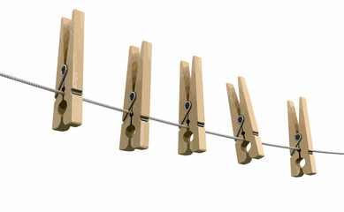 Wooden clothespins on rope