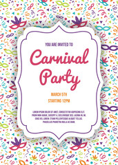 Carnival Party invitation with funny background. Vector.