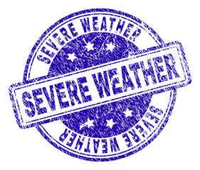 SEVERE WEATHER stamp seal watermark with distress texture. Designed with rounded rectangles and circles. Blue vector rubber print of SEVERE WEATHER caption with grunge texture.