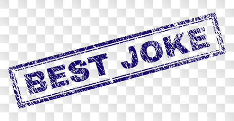 BEST JOKE stamp seal print with rubber print style and double framed rectangle shape. Stamp is placed on a transparent background. Blue vector rubber print of BEST JOKE tag with grunge texture.