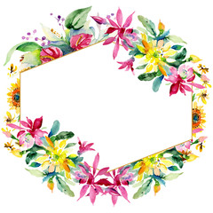 Red, yellow and orange flower bouquets. Watercolor background illustration set. Frame border ornament square.