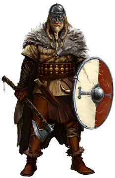 Viking with ax and shield on white. Viking warrior male with a wolf skin on his shoulder. Viking helmet.