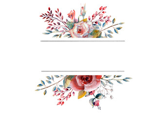 Set of flower branches. Pink rose flower, green leaves, red . Wedding concept with flowers. Floral poster, invitation. Watercolor arrangements for greeting card or invitation design.