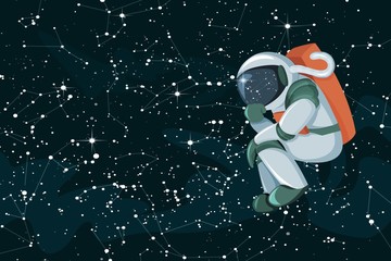 Cartoon astronaut thinking or searching solution on space coloed background © Andrew