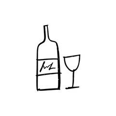 Vector botlle and wine glass, alcohol, line art, doodle, minimalistic picture, poster, postcard