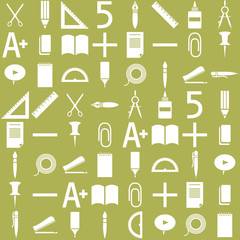 Fototapeta premium Set of vector icons in school theme: scissors, pencil, pen, ruler, triangle, dividers, eraser, clip, sheet of paper, book, notebook, glue, pin, 