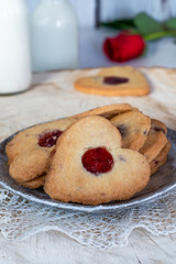 Shortbread hearts with cherry jam. Valentine food idea.