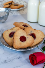 Shortbread hearts with cherry jam. Valentine food idea.