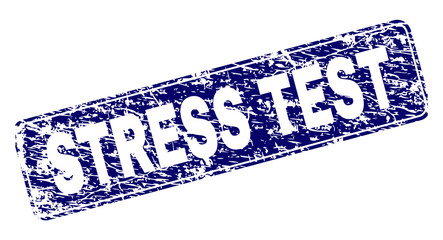 STRESS TEST stamp seal print with distress style. Seal shape is a rounded rectangle with frame. Blue vector rubber print of STRESS TEST caption with unclean style.