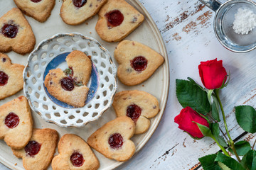 Shortbread hearts with cherry jam. Valentine food idea.