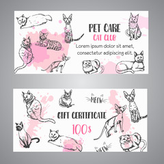 Cat breeds gift voucher. Follow my feet text Vector illustration Cute kitten sketch certificate template