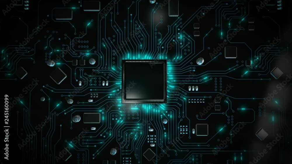 Poster 3d render cpu central processor unit chipset on the printed circuit board for electronic and technol