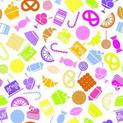 Candy icons vector seamless pattern. Colorful flat style background
