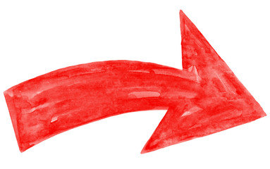 Red arrow sign has drawn by watercolor paint brush stroke and has a grange watercolour texture. Ink sketch drawing created in handmade technique. Colored silhouette symbol isolated on white background - 245160247