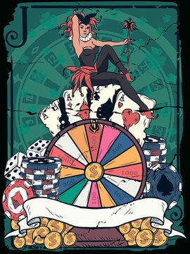 Joker and gambling: cards, roulette, dice, luck wheel.