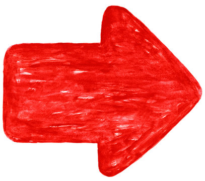 Red arrow sign has drawn by watercolor paint brush stroke and has a grange watercolour texture. Ink sketch drawing created in handmade technique. Colored silhouette symbol isolated on white background