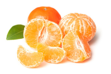 group of peeled tangerine on white background