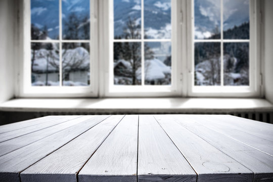 Desk of free space and winter window 