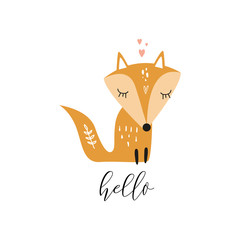 Vector fox face with phrase hello. Cute hand drawn illustration.