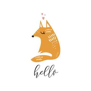 Vector fox face with phrase hello. Cute hand drawn illustration.