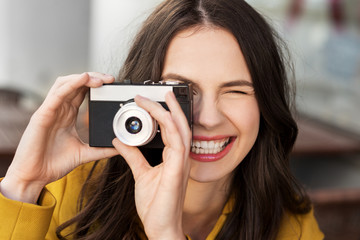 nature, summer holidays, vacation and people concept - close up of happy smiling young woman with...