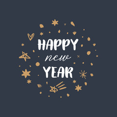 Fototapeta na wymiar Happy new year quote, vector lettering text and golden stars set for design