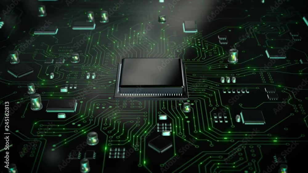 Poster 3d render cpu central processor unit chipset on the printed circuit board for electronic and technol