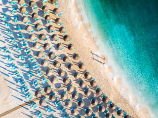 Two tourists at Marble Beach, Thasos aerial view