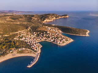 Drone view of Thasos Island, Greece. Skala Marion and Platanes Beach and harbour in southern...