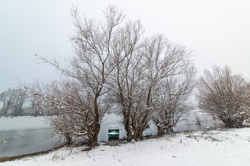 Naklejka premium Danube island (Šodroš) near Novi Sad, Serbia. Colorful landscape with snowy trees, beautiful frozen river.