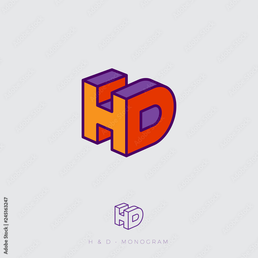 Poster h and d letters. the initial of colorful letters h and d like block. web, ui icon. monochrome option