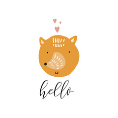 Vector fox face with phrase hello. Cute hand drawn illustration.