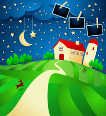 Night landscape with farm, starry sky and photo frames
