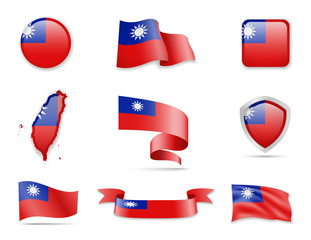 Taiwan flags collection. Flags and outline of the country.