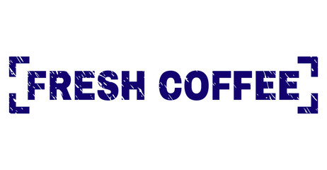 FRESH COFFEE label seal print with distress texture. Text label is placed inside corners. Blue vector rubber print of FRESH COFFEE with dust texture.